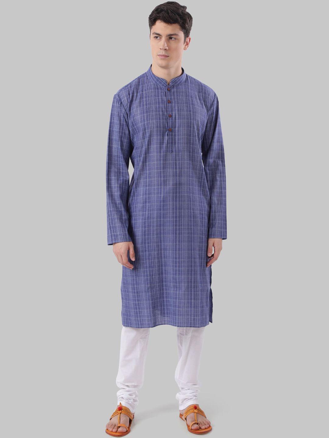 ethnix by raymond men blue & white checked straight kurta