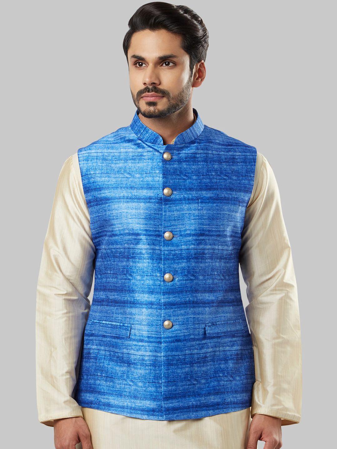 ethnix by raymond men blue & white printed nehru jacket