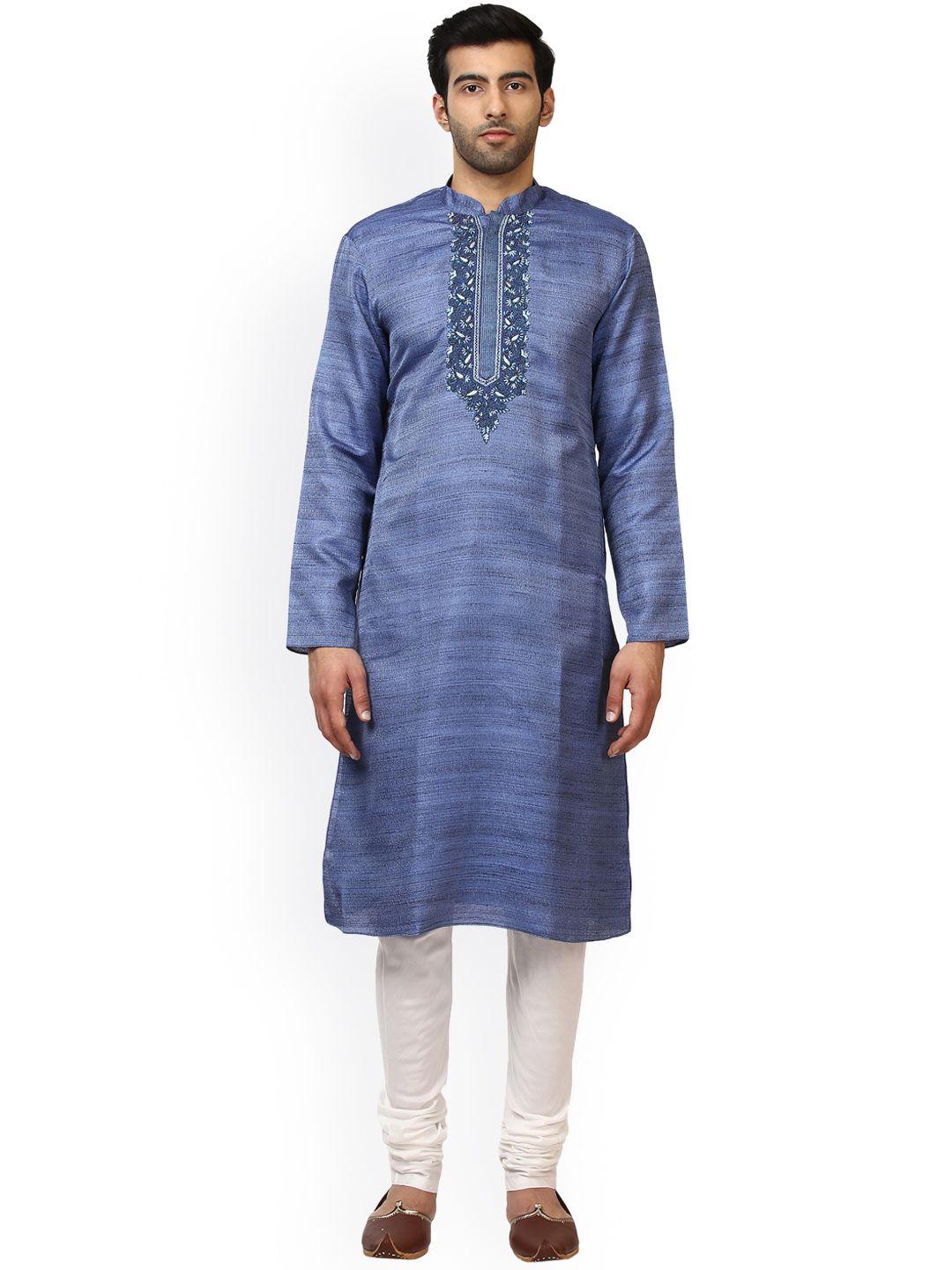 ethnix by raymond men blue & white solid kurta with pyjamas