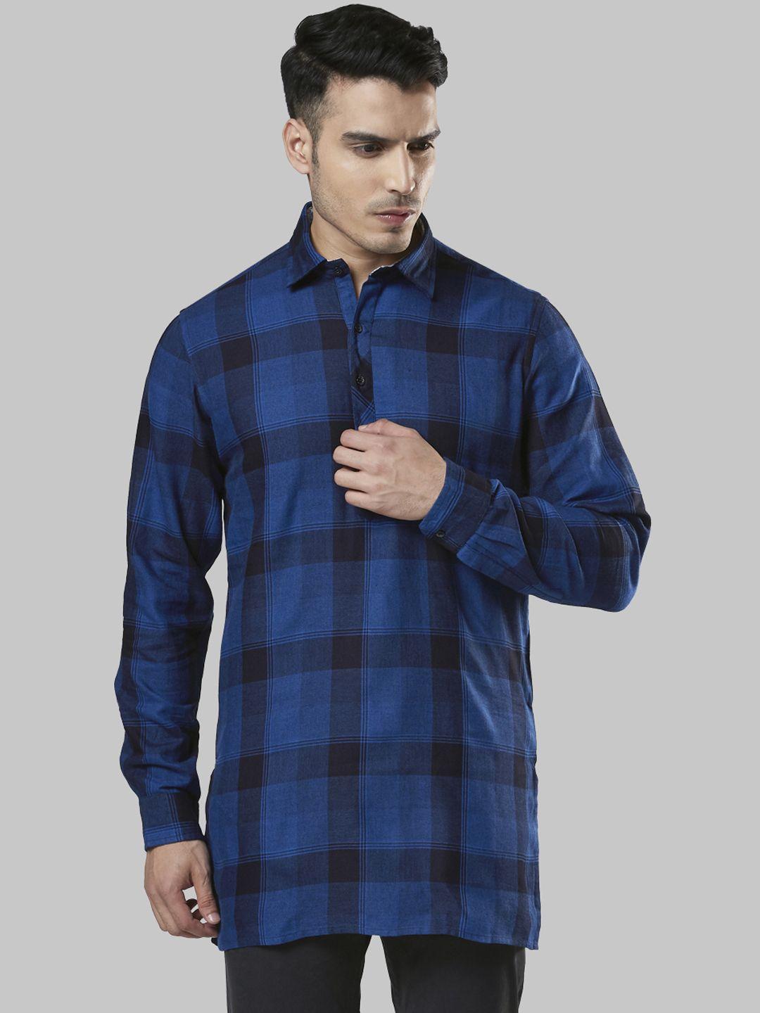 ethnix by raymond men blue checked straight kurta