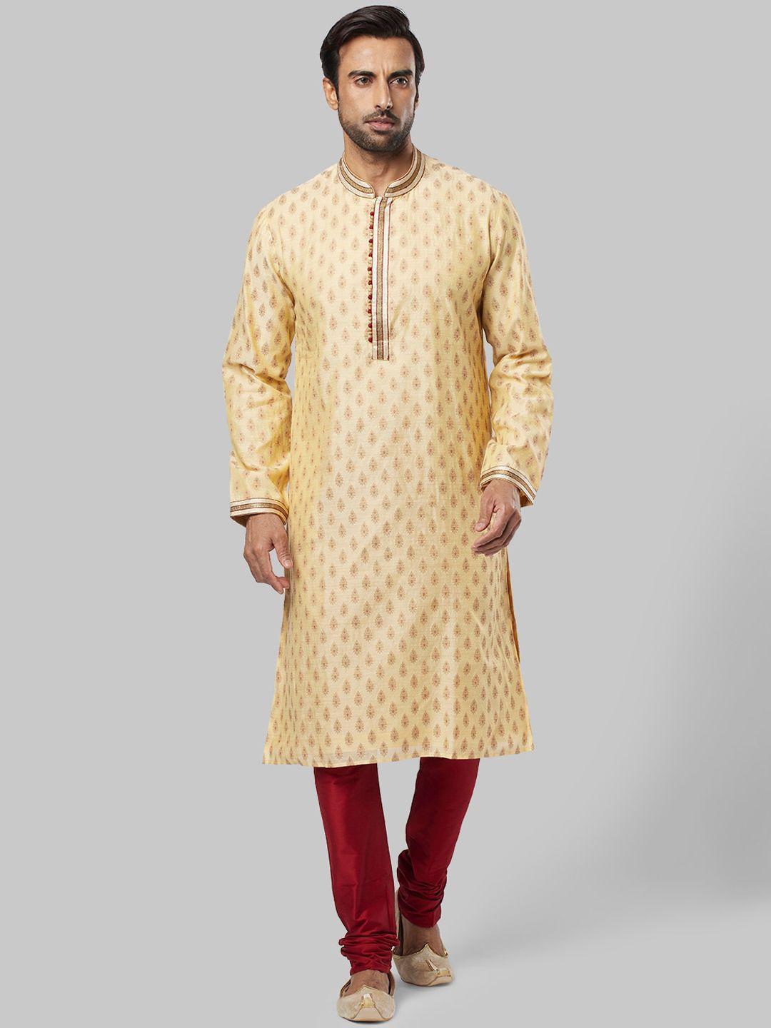 ethnix by raymond men cream-coloured & maroon woven design straight kurta