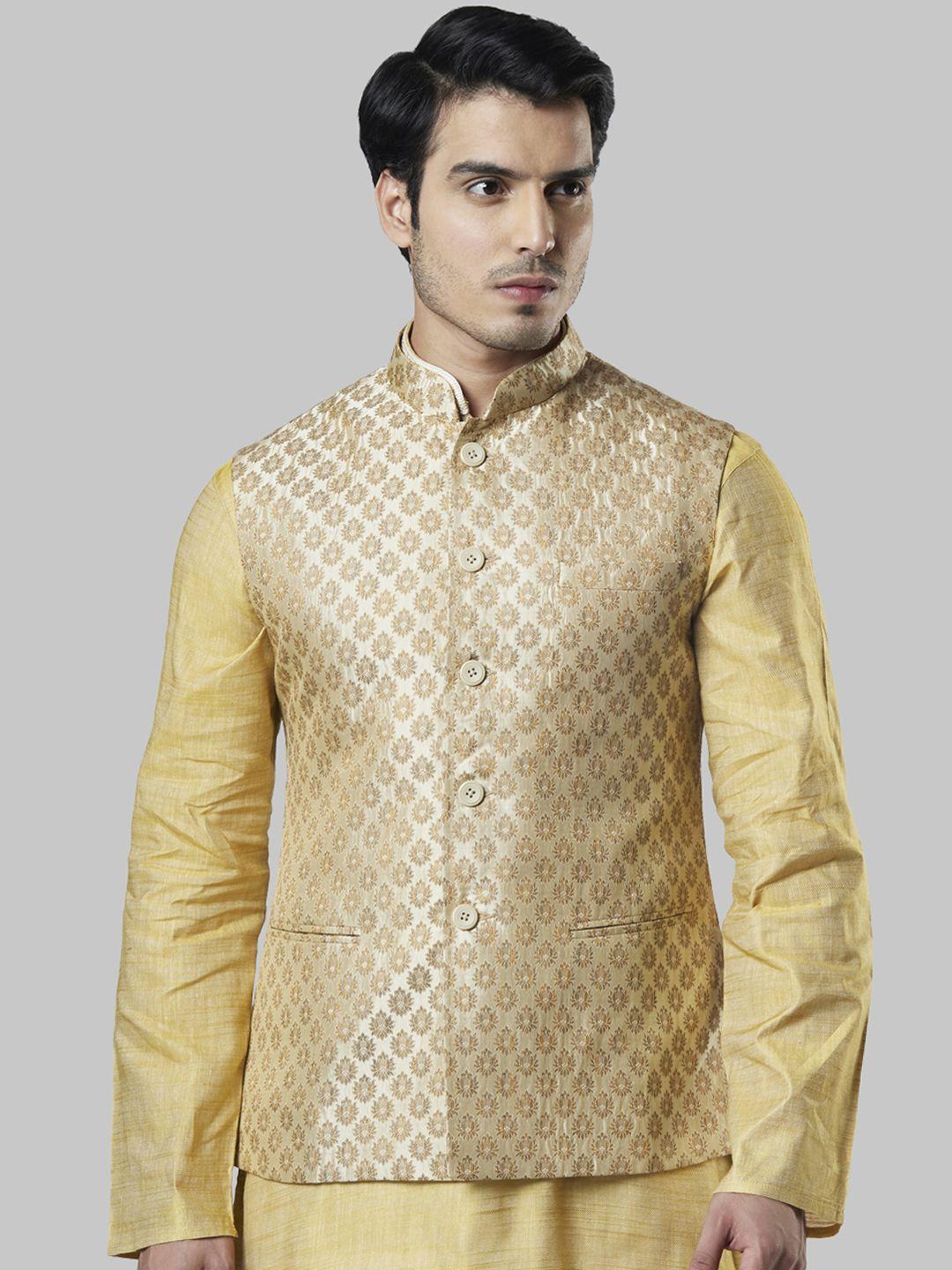 ethnix by raymond men gold-coloured woven design nehru jacket