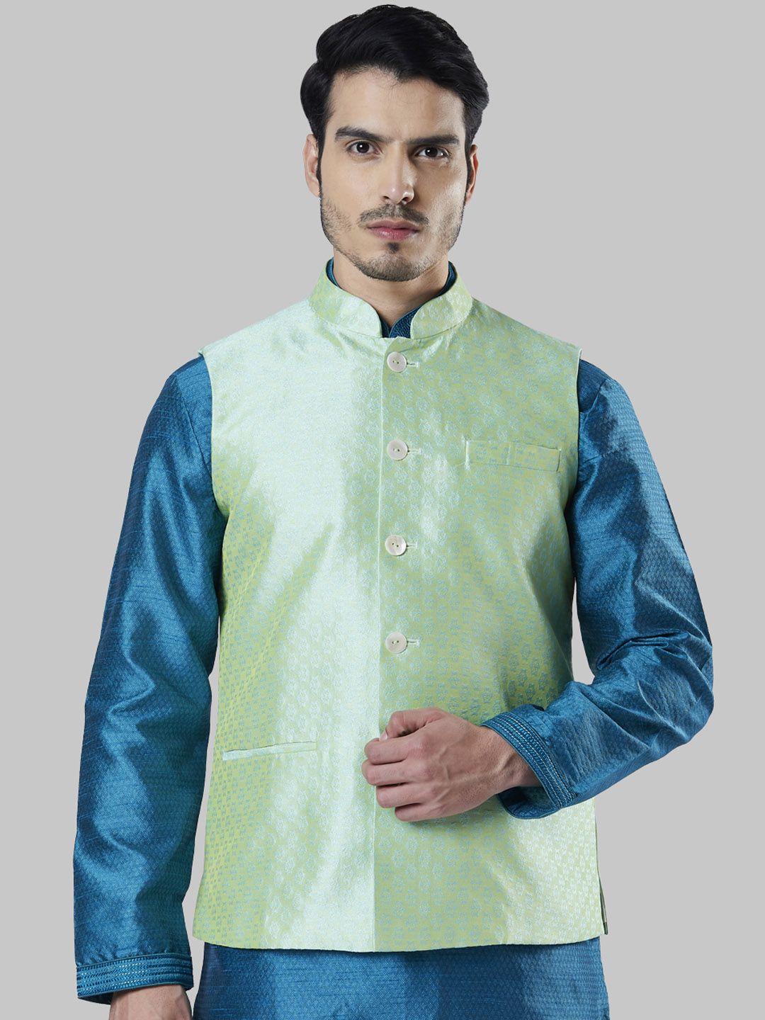 ethnix by raymond men green solid pure cotton nehru jacket