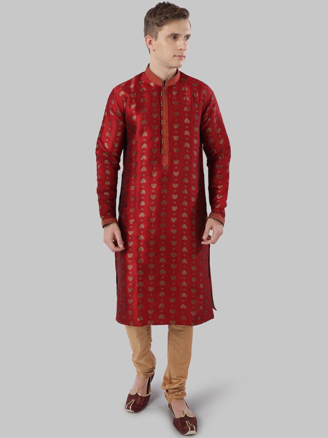 ethnix by raymond men maroon & gold-coloured woven design straight kurta