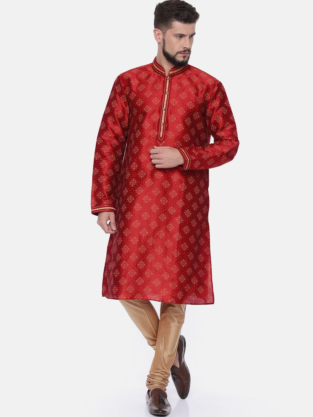 ethnix by raymond men maroon & gold-toned printed kurta with churidar