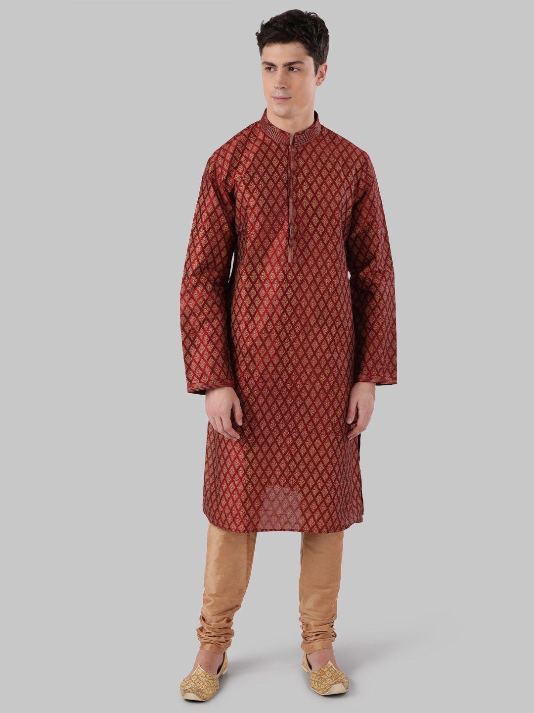 ethnix by raymond men maroon & gold-toned woven design straight kurta