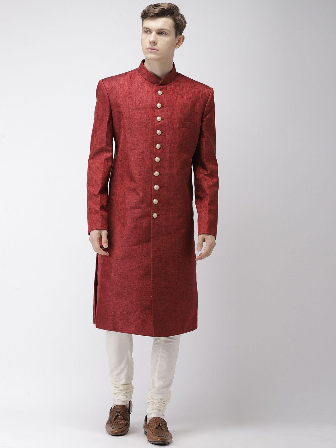 ethnix by raymond men maroon solid kurta with cream-colored churidar