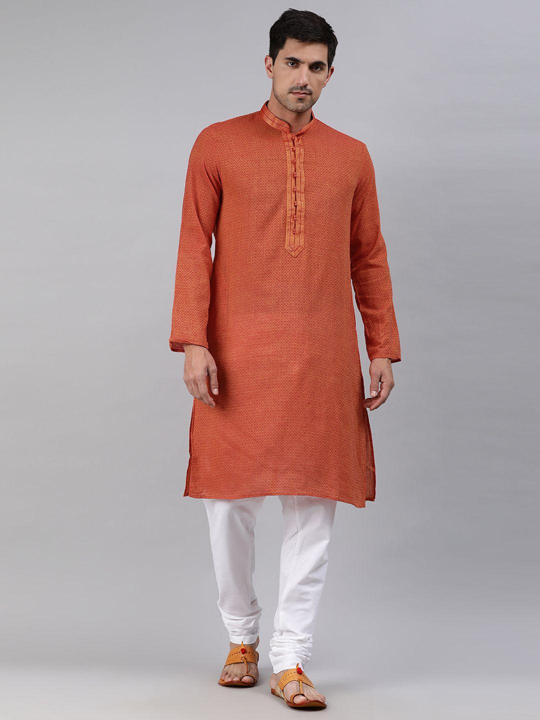 ethnix by raymond men orange woven design mandarin collar kurta