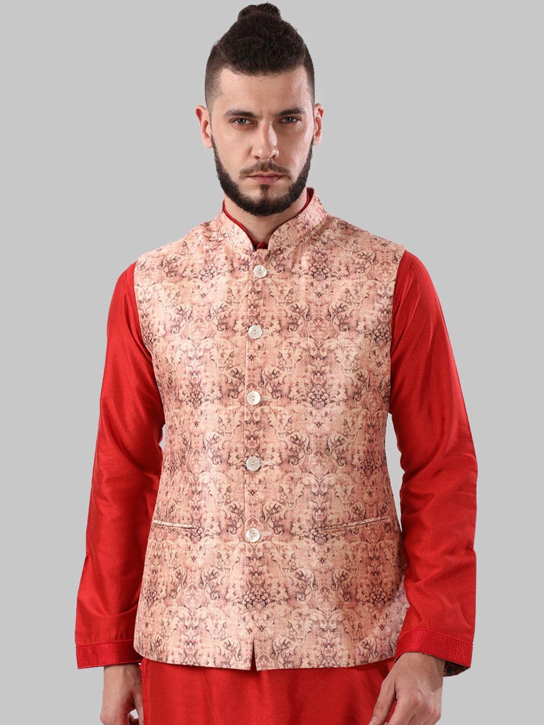 ethnix by raymond men peach-coloured printed nehru jacket