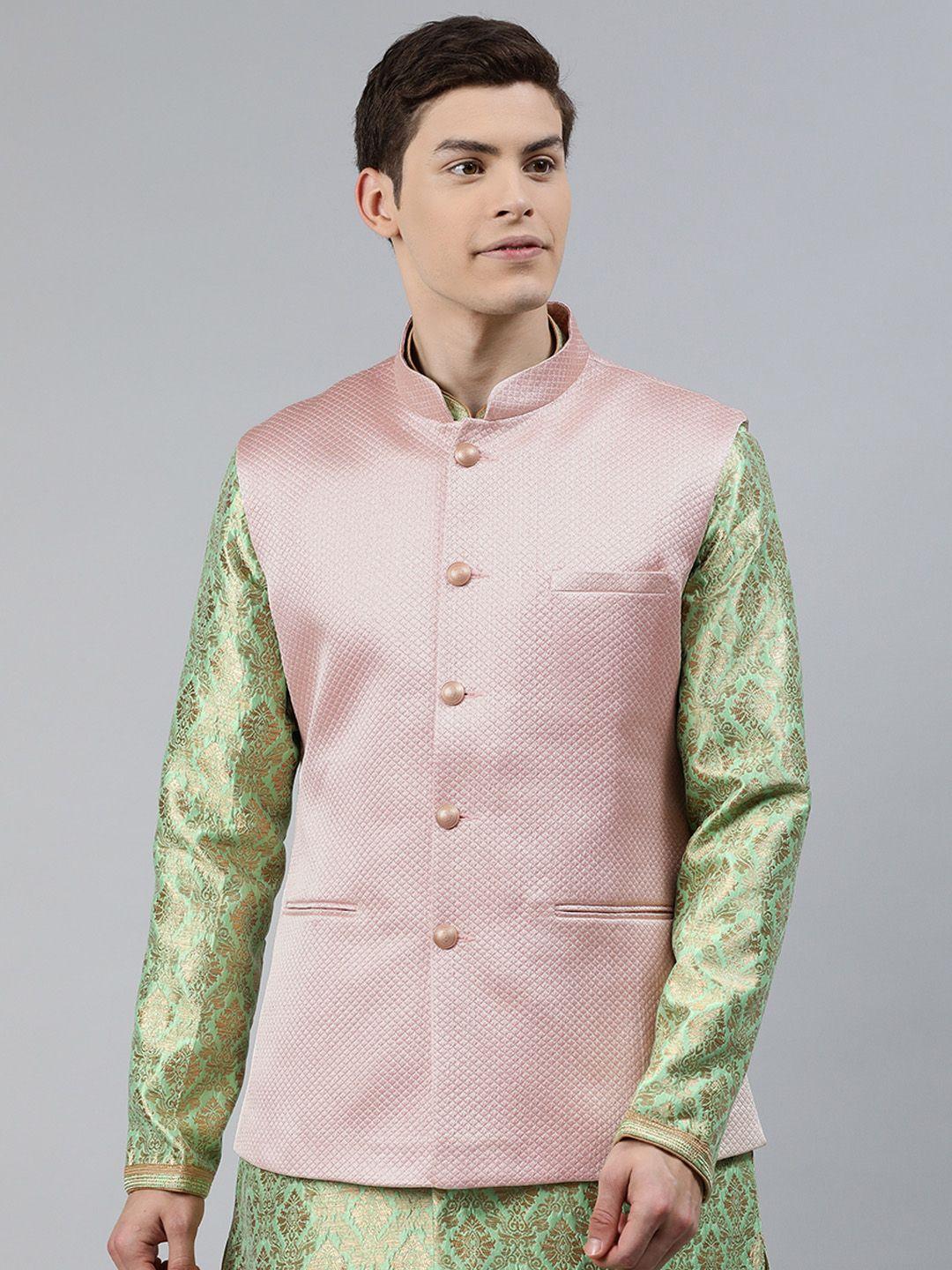 ethnix by raymond men pink & gold-toned woven design nehru jacket