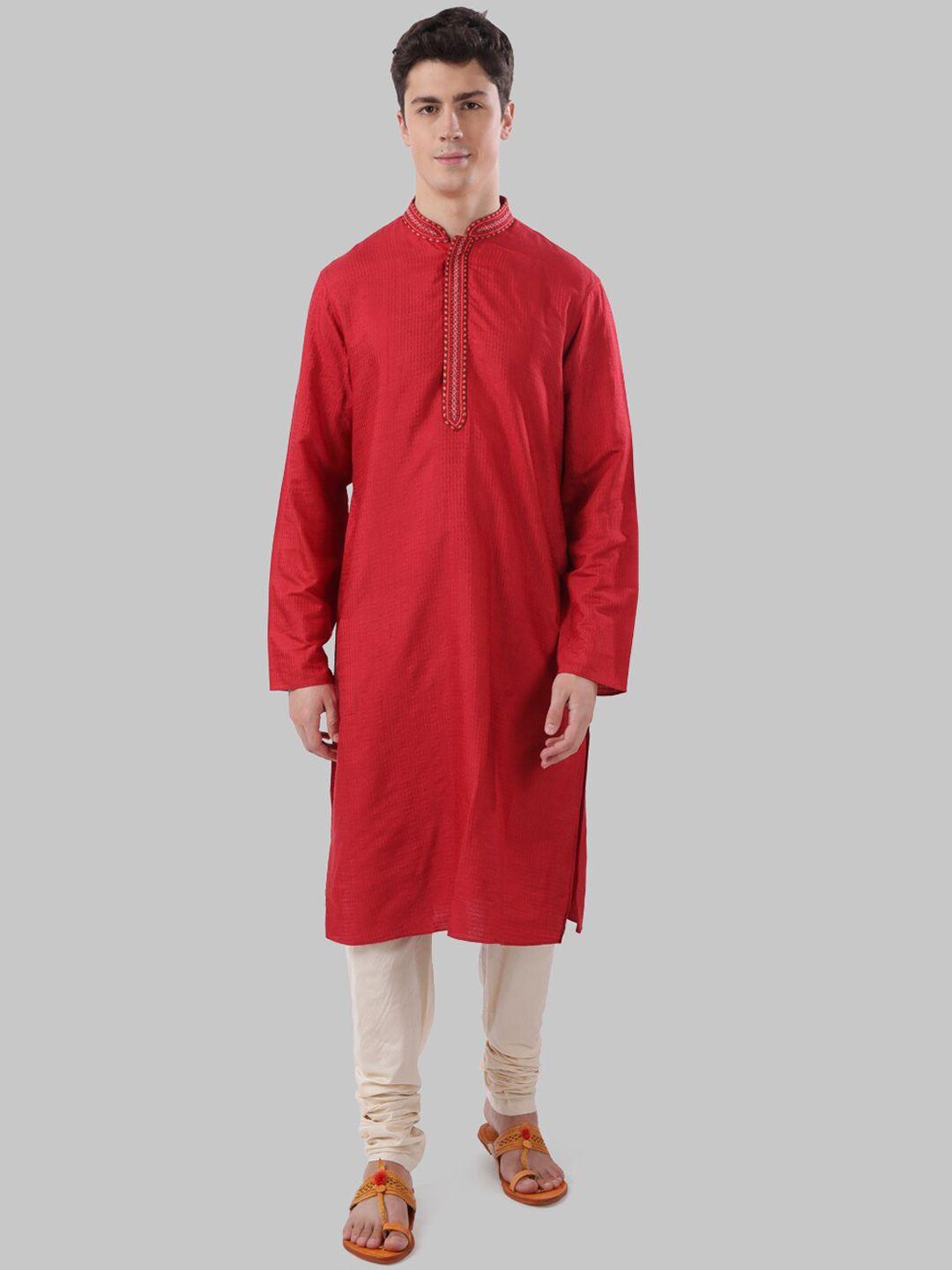 ethnix by raymond men rust-red woven design straight kurta