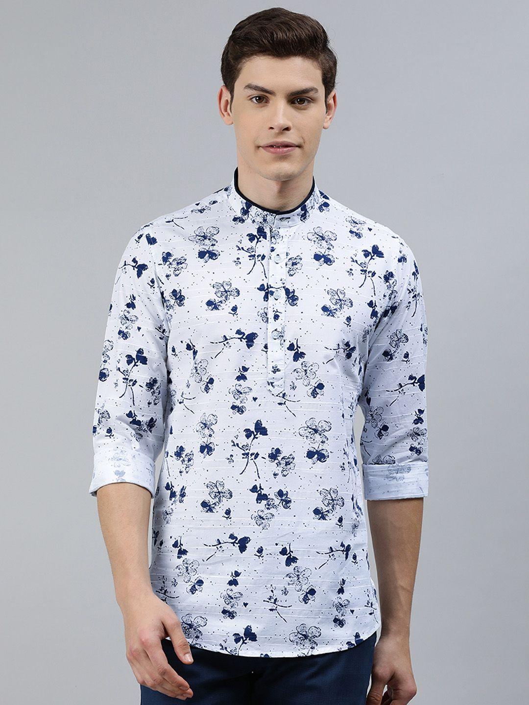 ethnix by raymond men white & navy blue floral printed short straight kurta