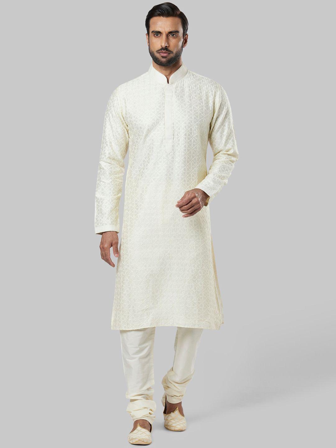 ethnix by raymond men white solid thread work kurta