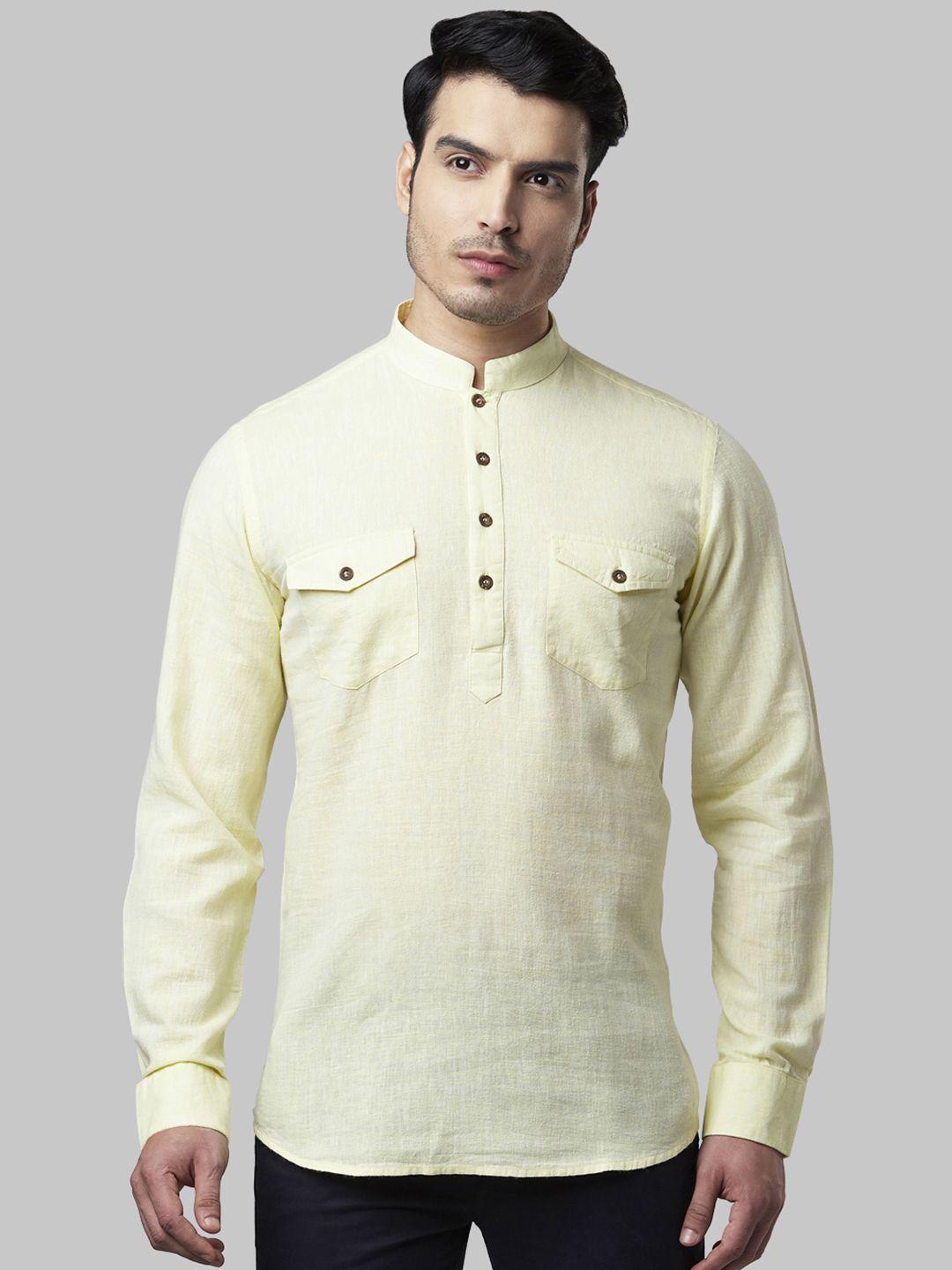 ethnix by raymond men yellow solid straight linen kurta