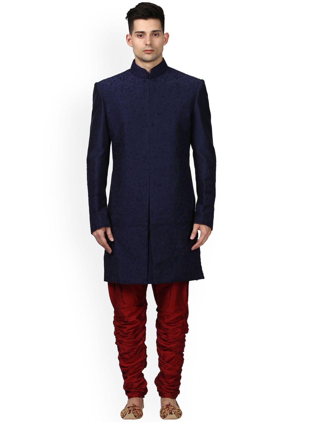 ethnix by raymond navy blue woven design sherwani