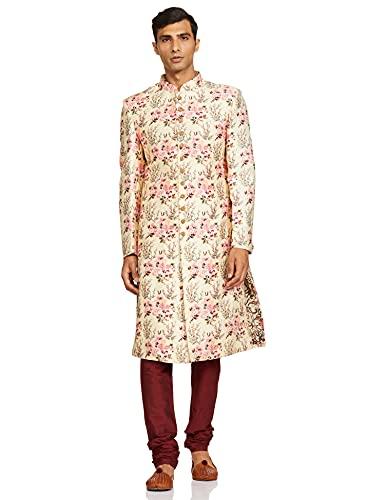 ethnix men's beige d.print sherwani with bottom jacket (rtsb00054-yb 104)