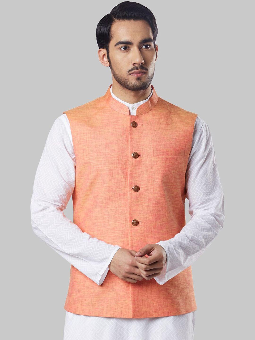 ethnix men peach-colored solid corduroy nehru jacket