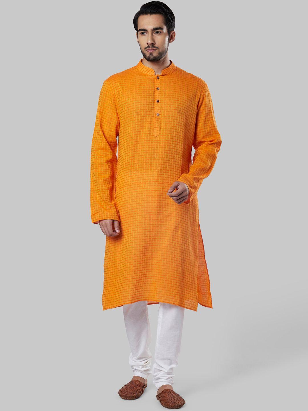 ethnix men yellow checked cotton kurta