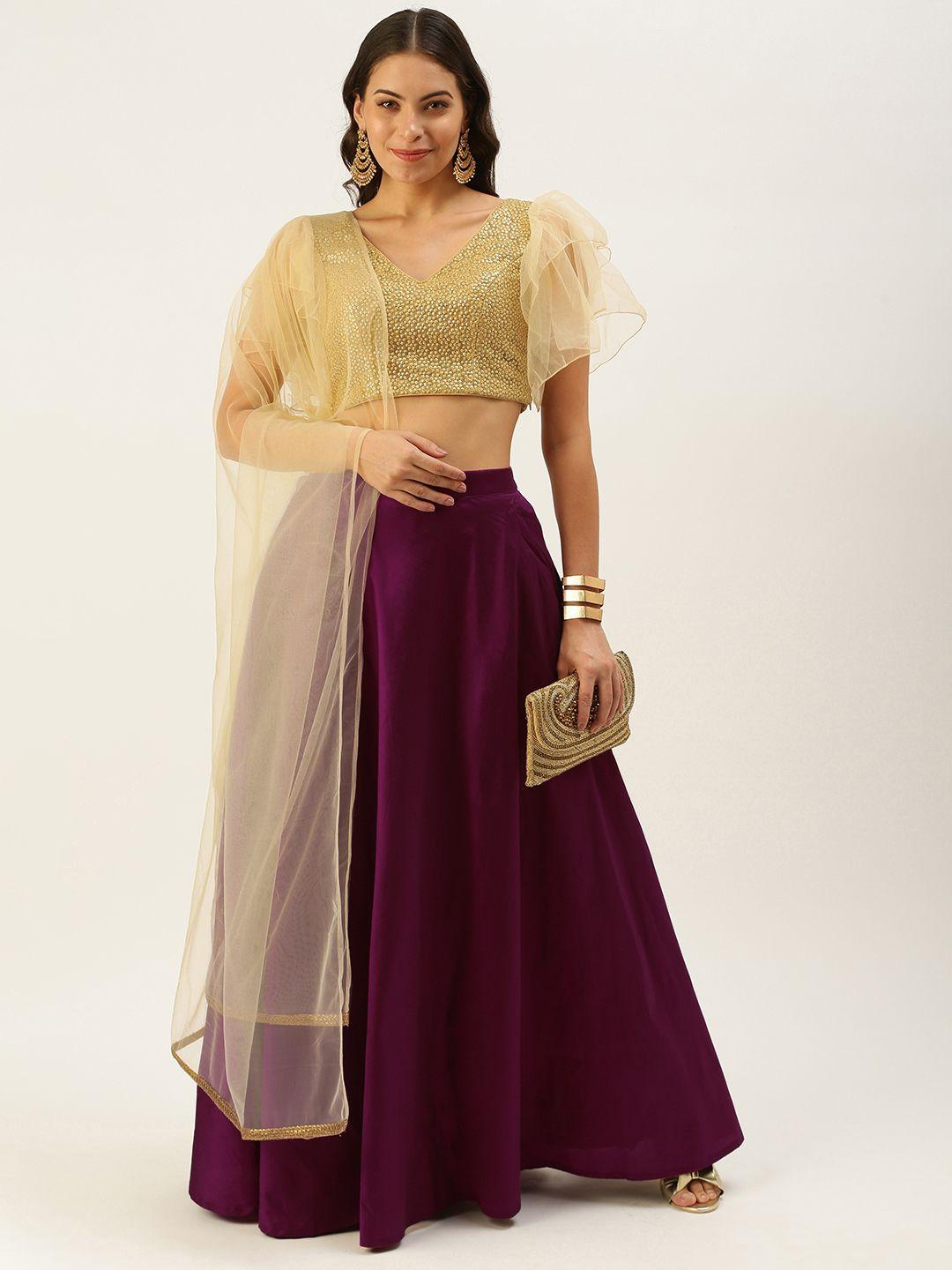 ethnovog beige  purple embroidered made to measure lehenga  blouse with dupatta
