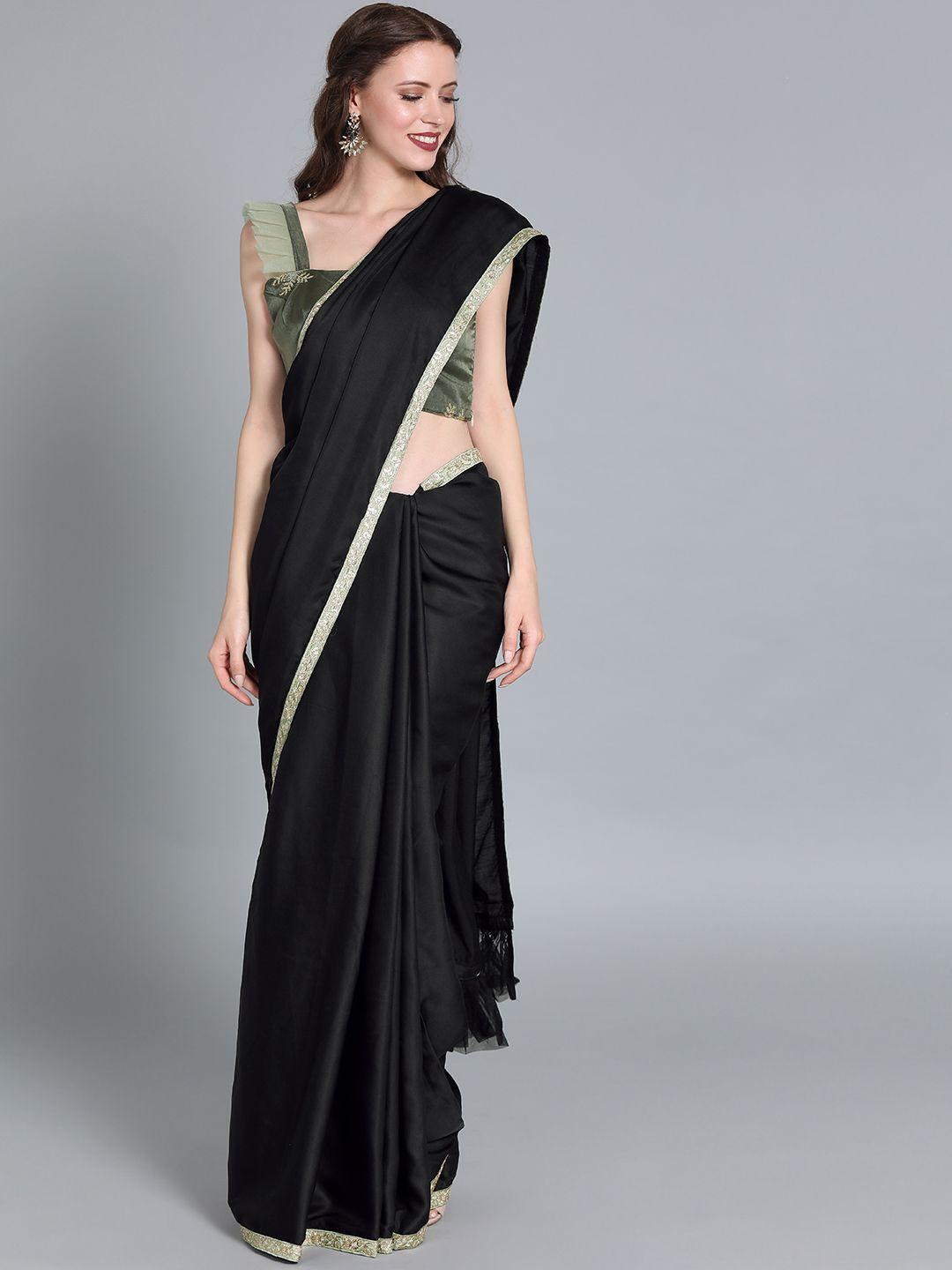 ethnovog black  olive green satin solid made to measure saree with blouse
