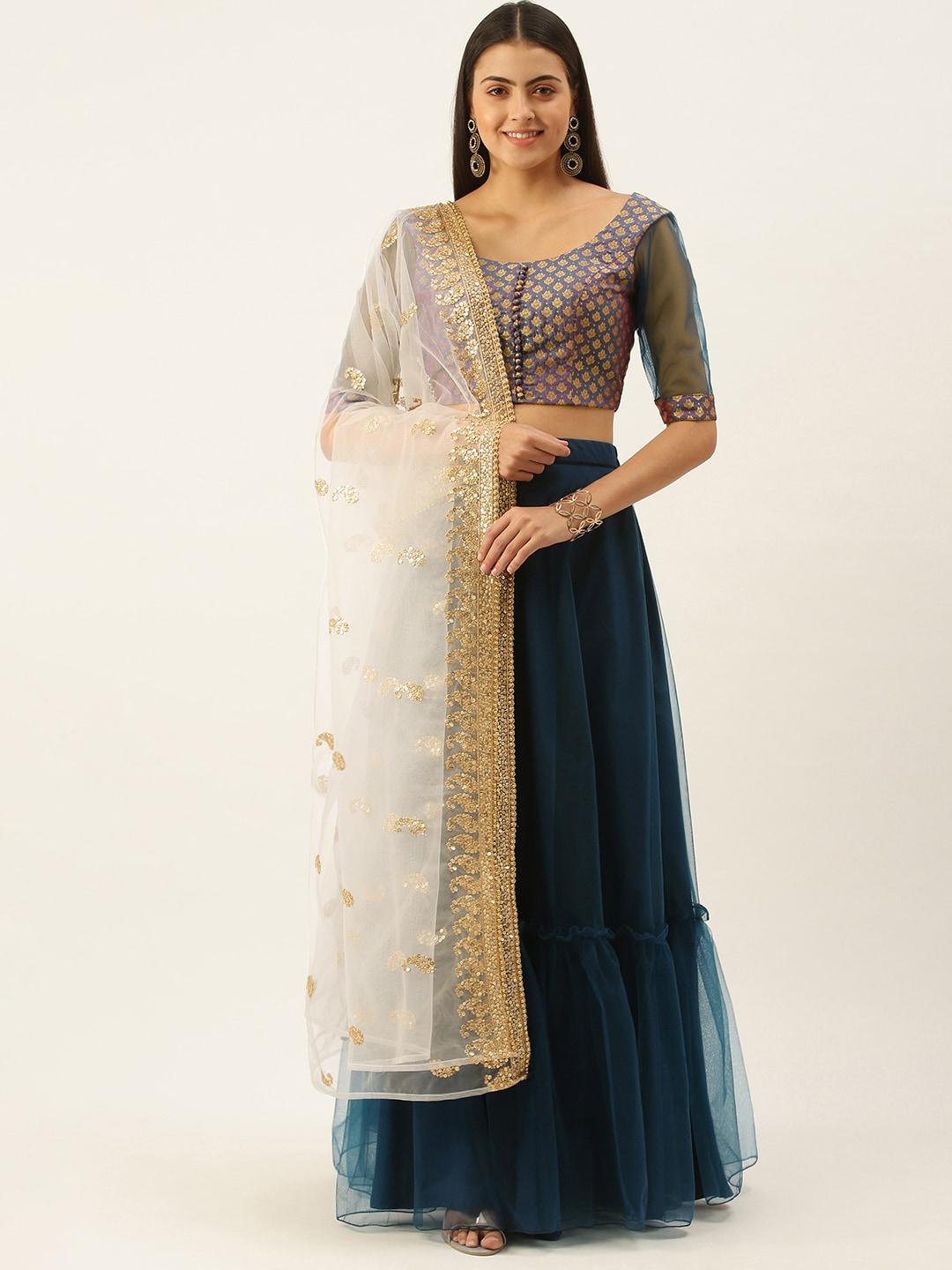 ethnovog blue  gold-toned sequinned made to measure lehenga  blouse with dupatta
