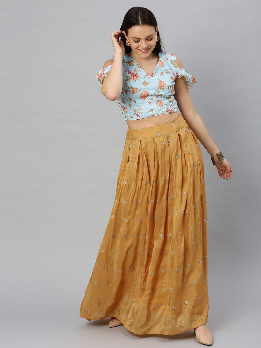 ethnovog blue  mustard yellow made to measure floral embroidered lehenga  blouse