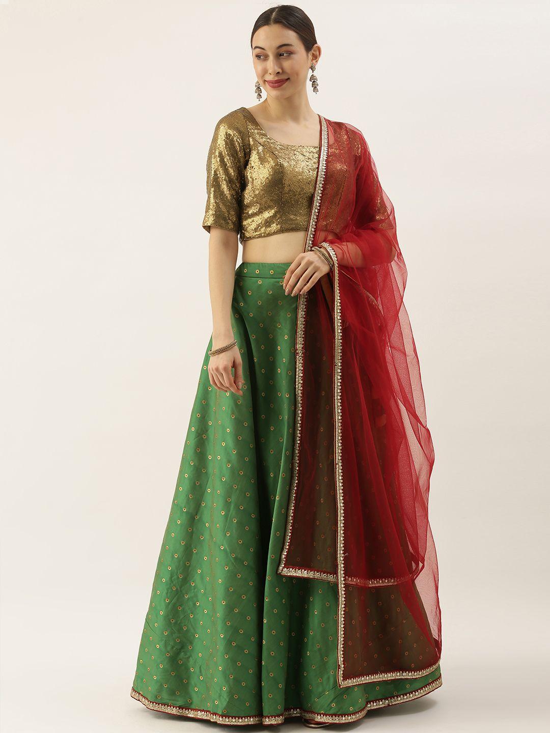 ethnovog brown  green sequinned made to measure lehenga  blouse with dupatta