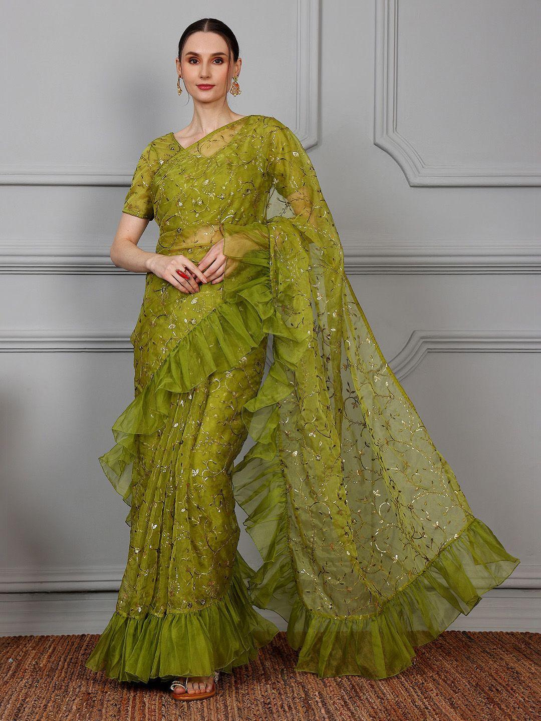 ethnovog floral embroidered sequinned organza saree with stitched blouse