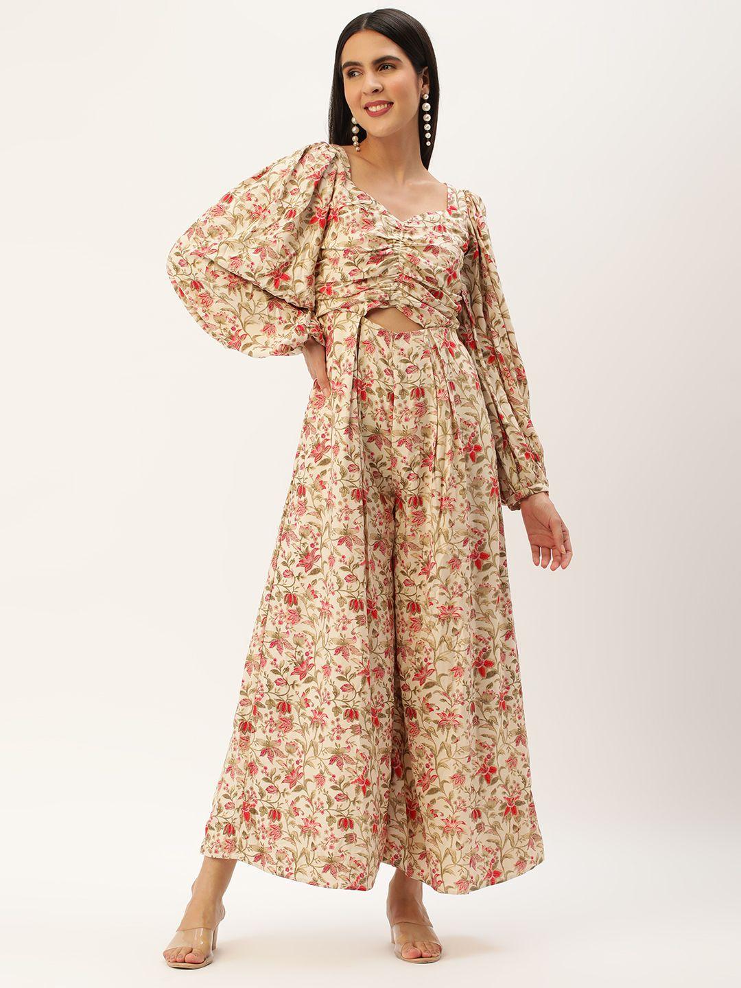 ethnovog floral printed puff sleeves sweetheart neck culotte jumpsuit with cut-out detail