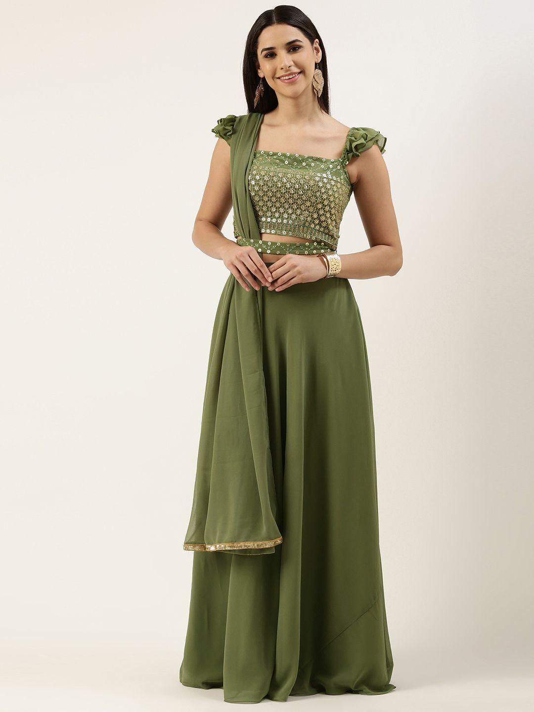 ethnovog green embroidered ready to wear lehenga  blouse with dupatta