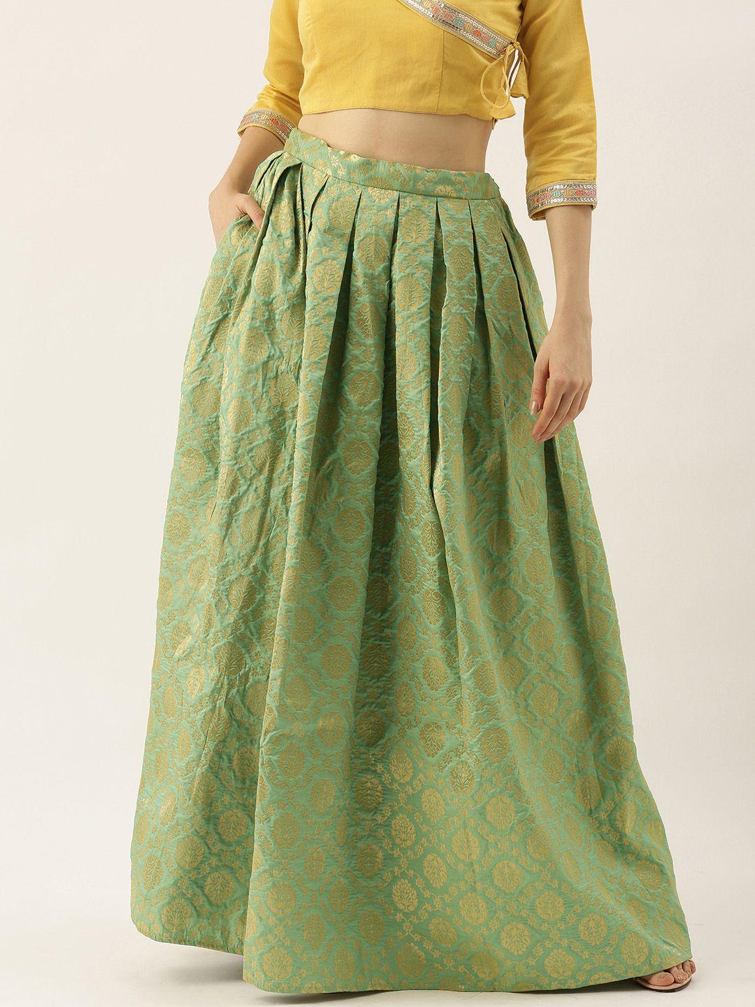 ethnovog made to measure green  gold- coloured brocade box pleated skirt
