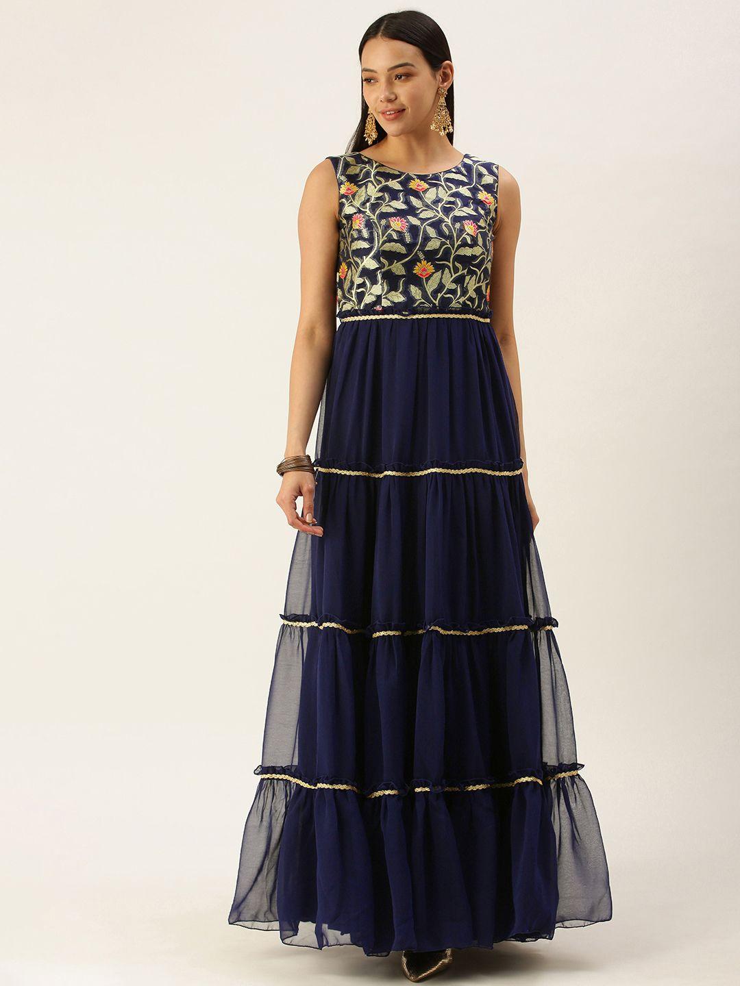 ethnovog navy blue embroidered made to measure tiered maxi dress