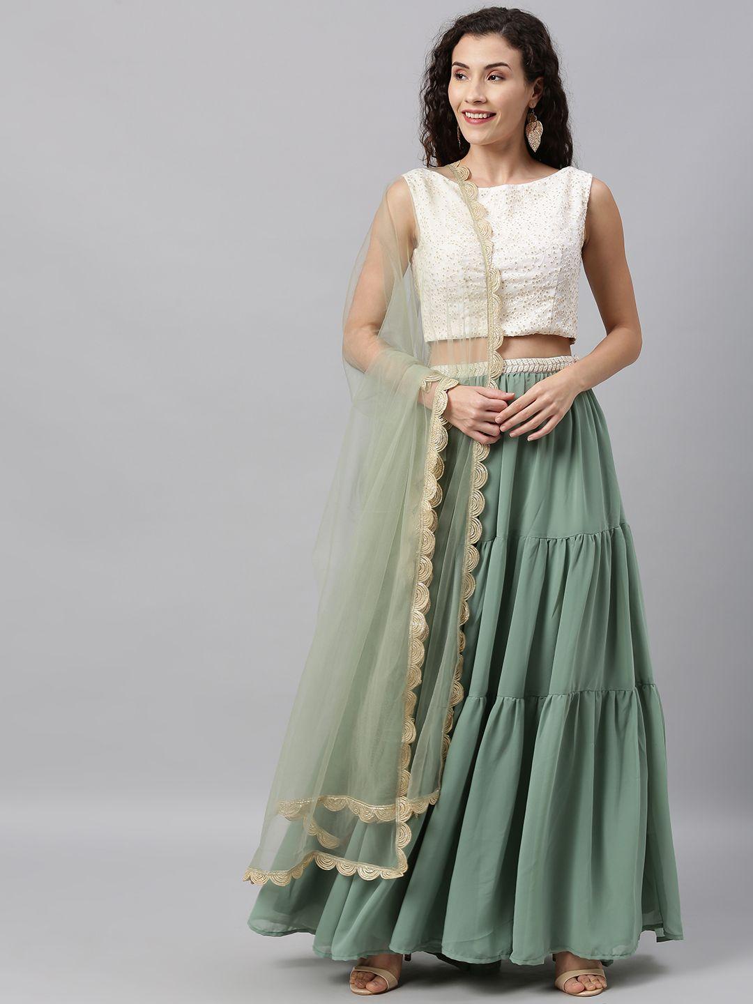 ethnovog off-white  green embroidered made to measure lehenga  blouse with dupatta