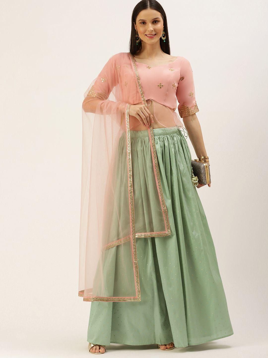 ethnovog peach-coloured  green embellished sequinned ready to wear lehenga  blouse with dupatta