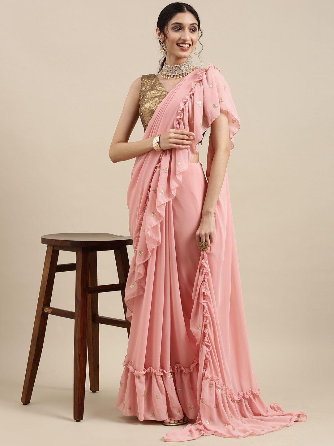 ethnovog pink satin embroidered ready to wear ruffles saree