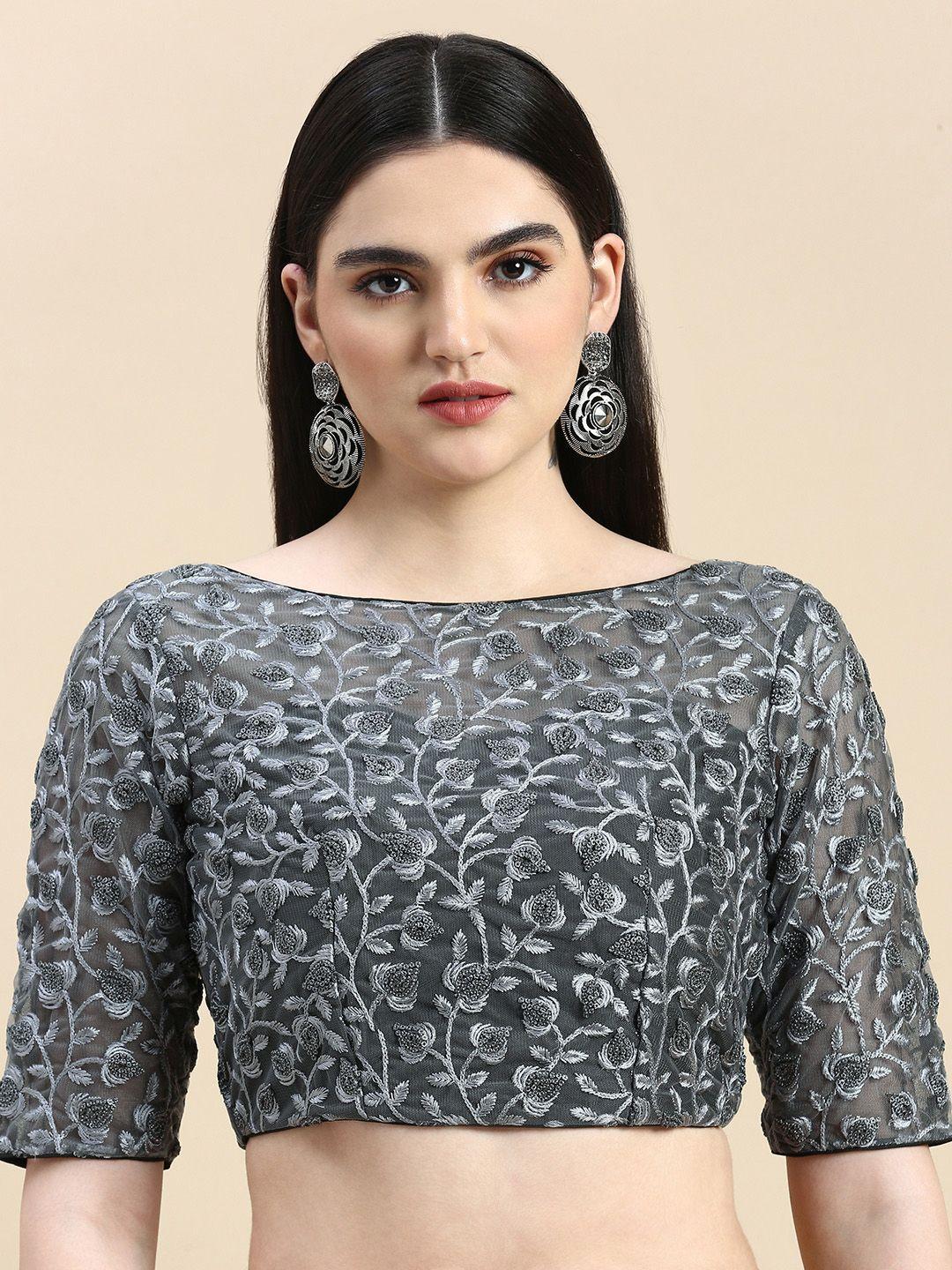 ethnovog ready to wear grey embroidered net blouse
