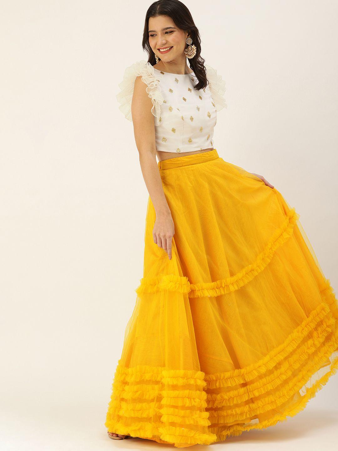 ethnovog ready to wear yellow n white embroidered skirt set