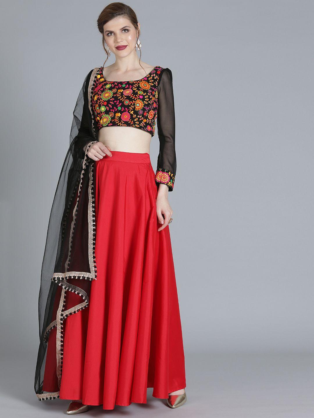 ethnovog red  black embroidered made to measure lehenga  blouse with dupatta