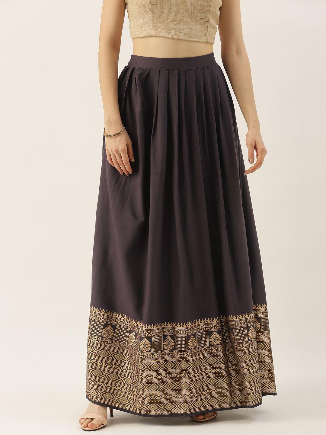 ethnovog women black printed rayon pleated skirt