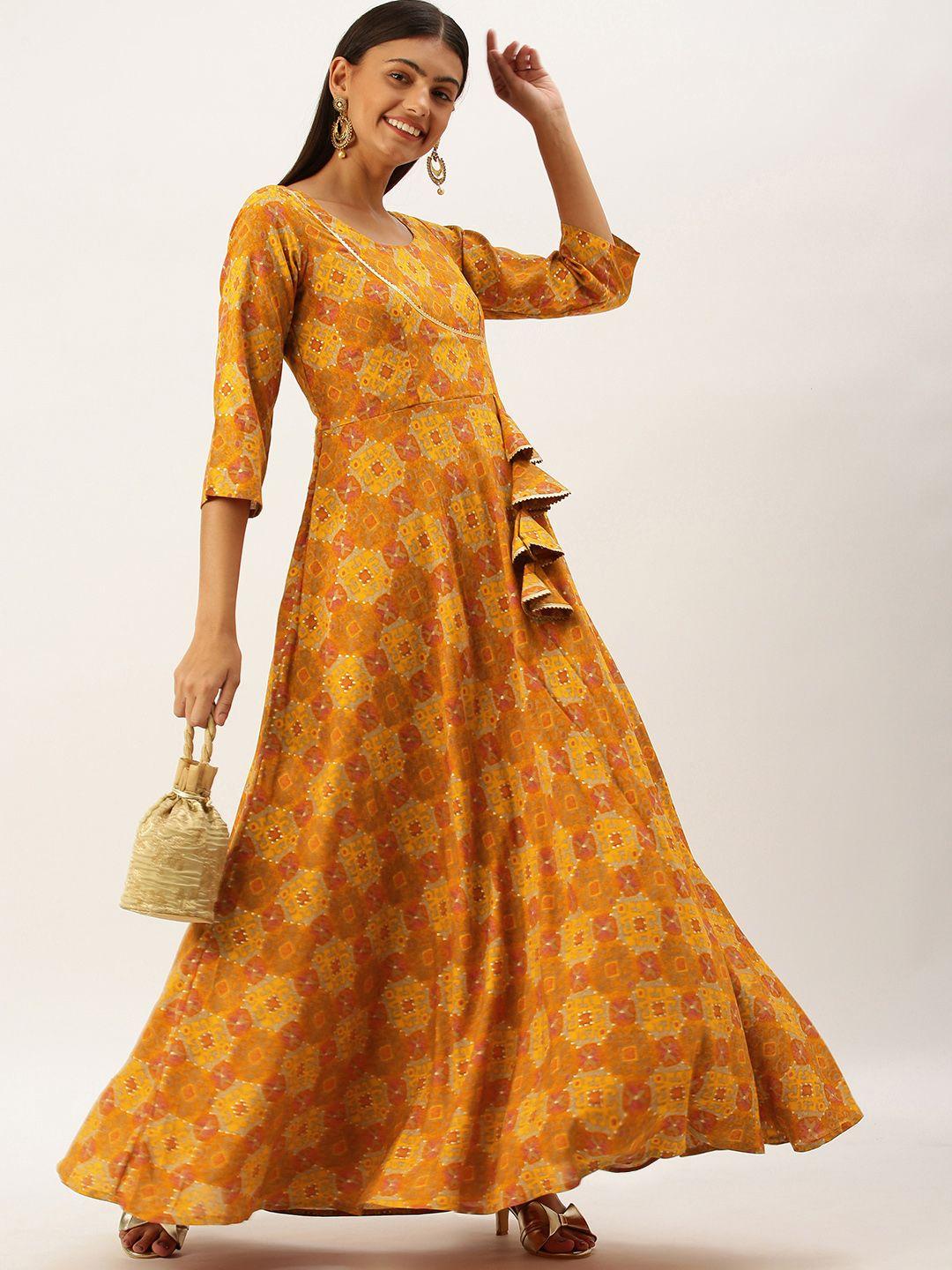 ethnovog women mustard yellow  rust ethnic motifs printed kurta
