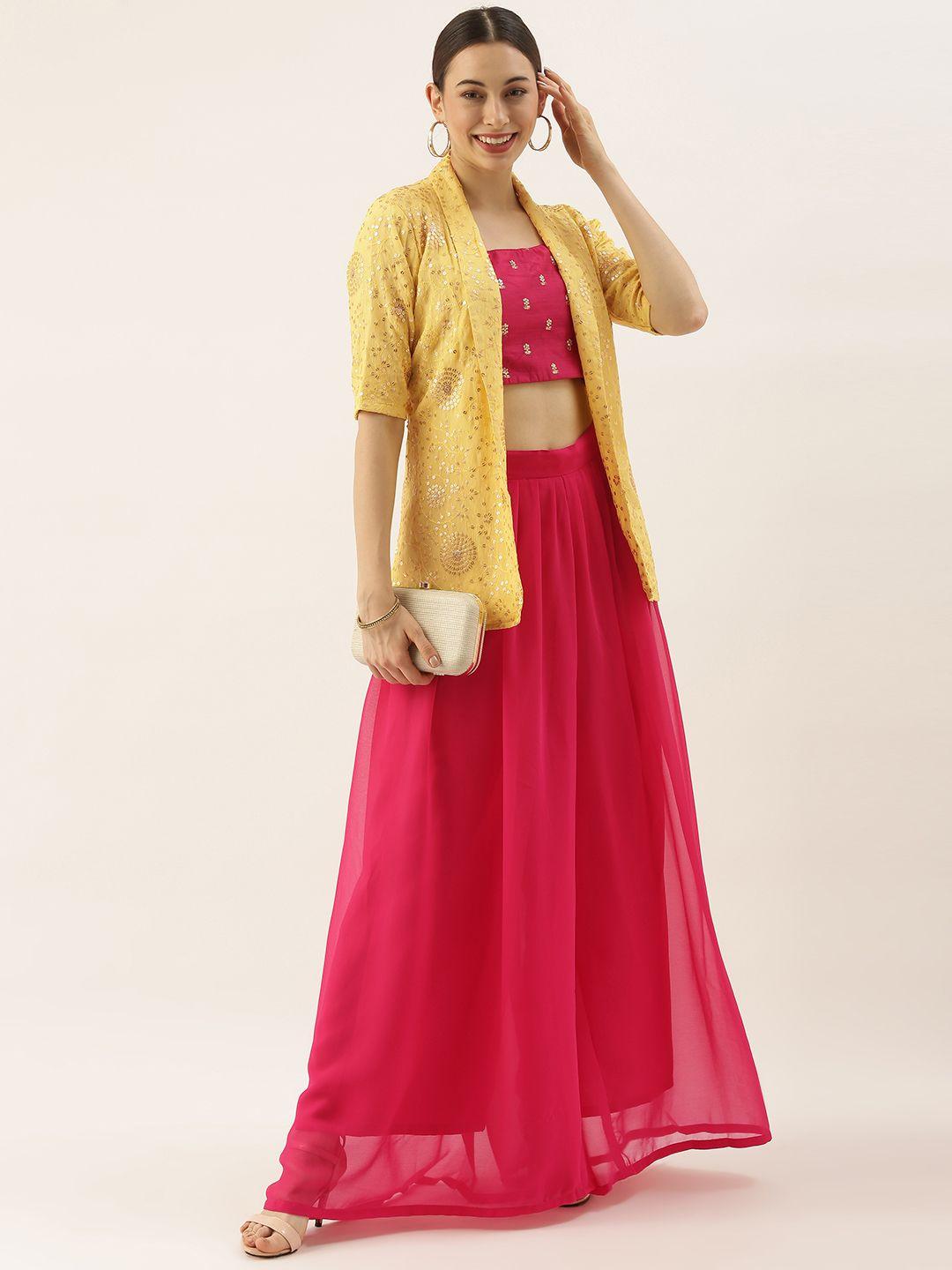 ethnovog women pink made to measure embellished choli  lehenga with yellow jacket