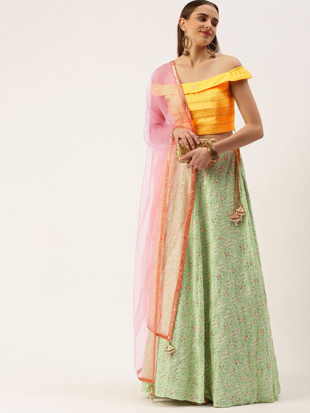 ethnovog yellow & green embellished sequinned ready to wear lehenga & blouse with dupatta