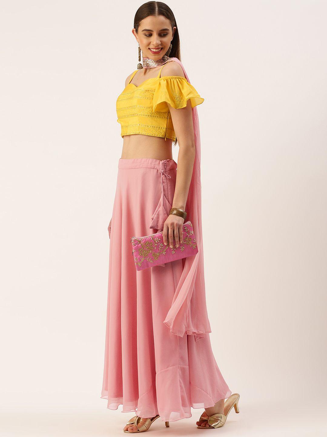 ethnovog yellow & pink embellished sequinned ready to wear lehenga & blouse with dupatta