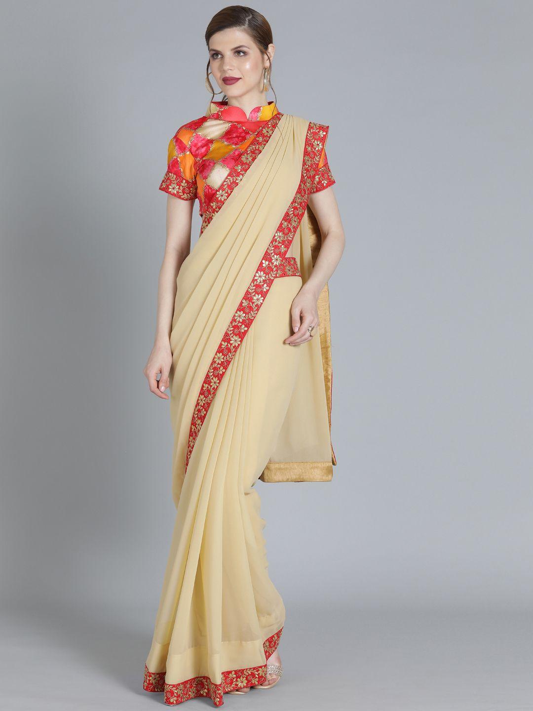 ethnovog beige  red poly georgette solid made to measure saree with blouse