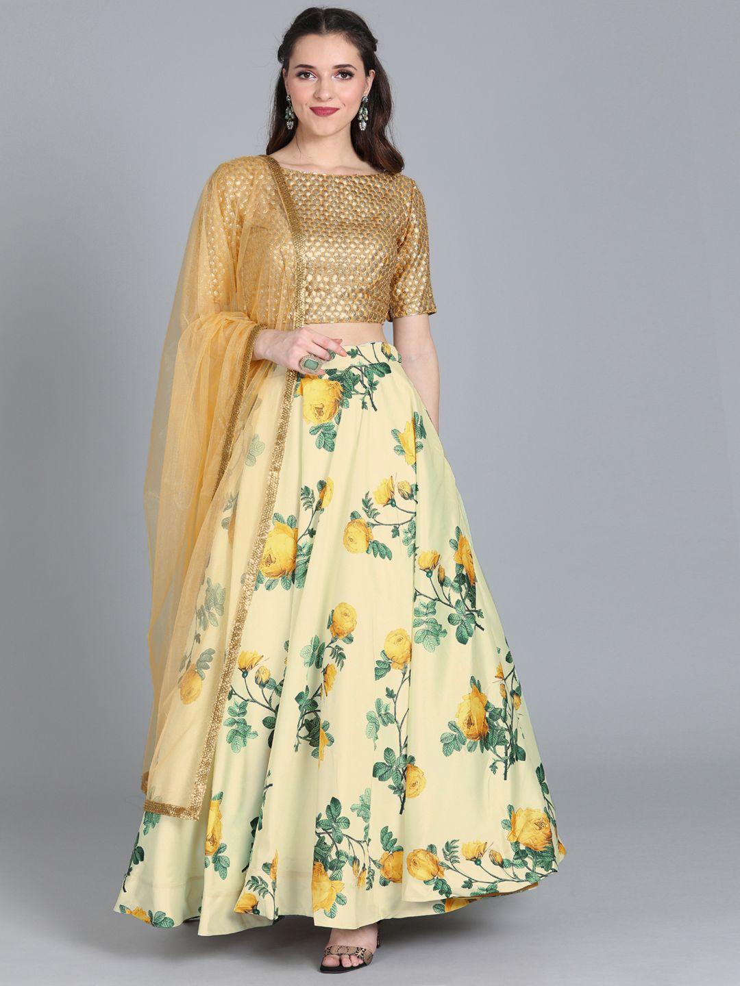 ethnovog beige  yellow printed made to measure lehenga  blouse with dupatta