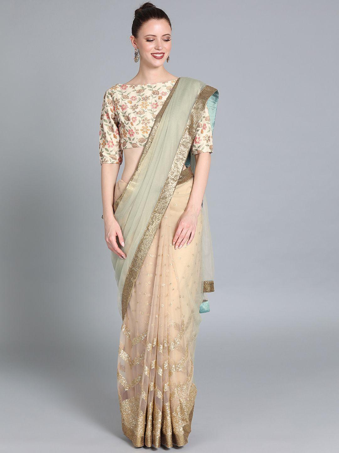 ethnovog beige embellished net made to measure saree