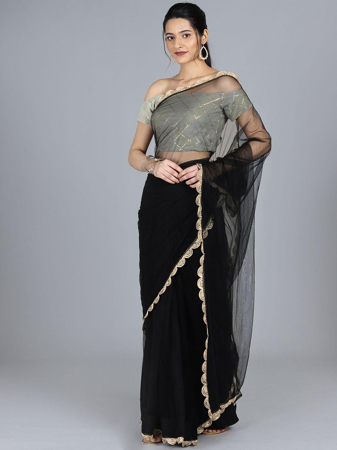 ethnovog black  grey net solid saree with stitched blouse