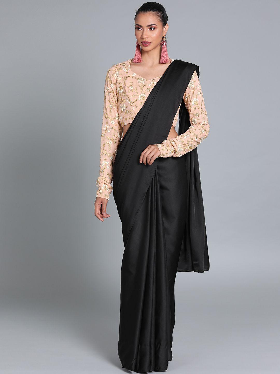 ethnovog black  peach-coloured made to measure satin solid saree