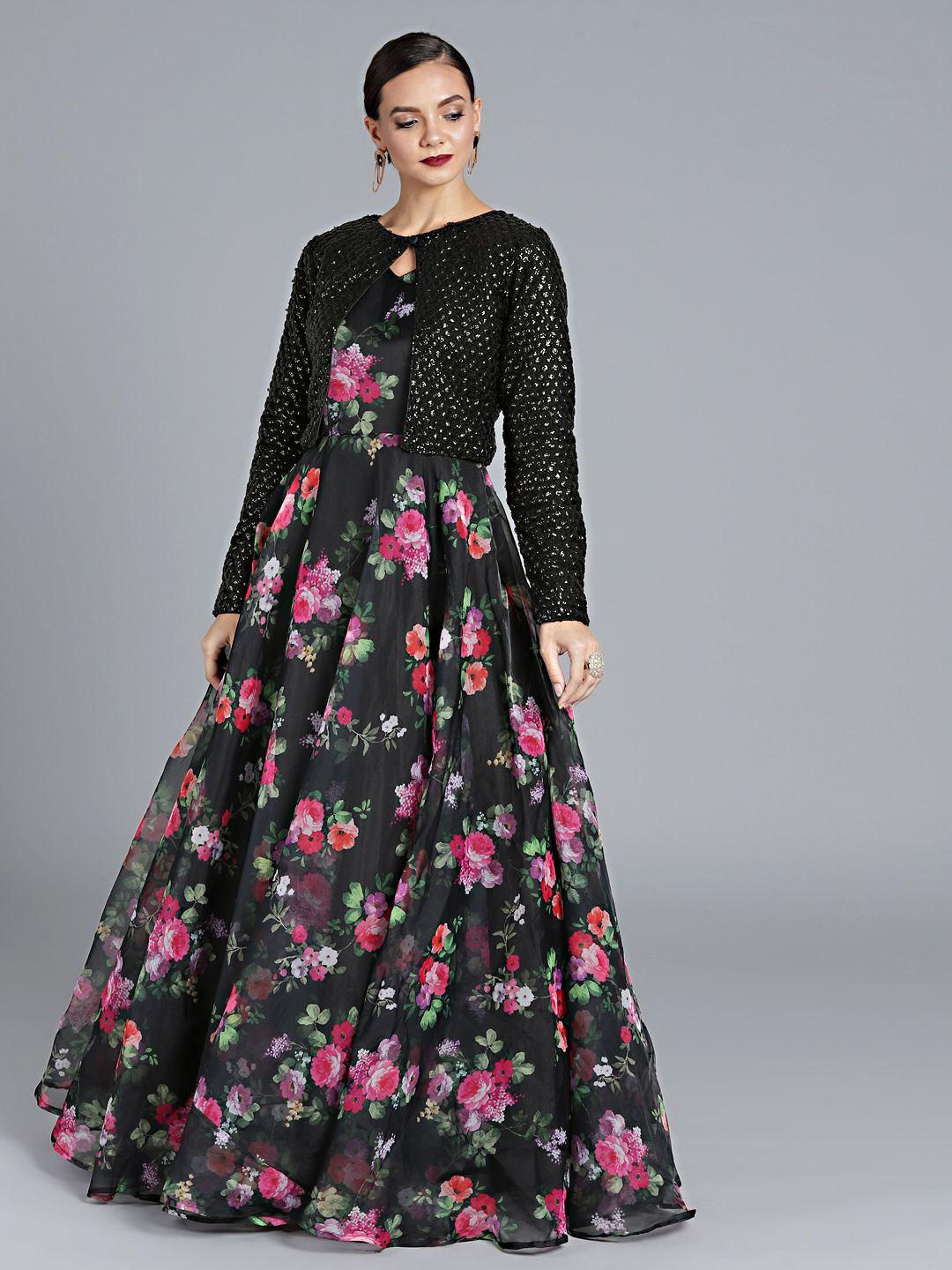 ethnovog black custom made printed made to measure cocktail gown with jacket