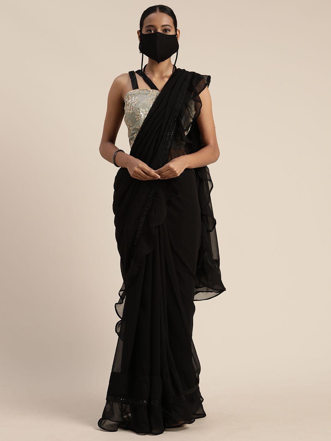 ethnovog black solid poly georgette saree with matching mask